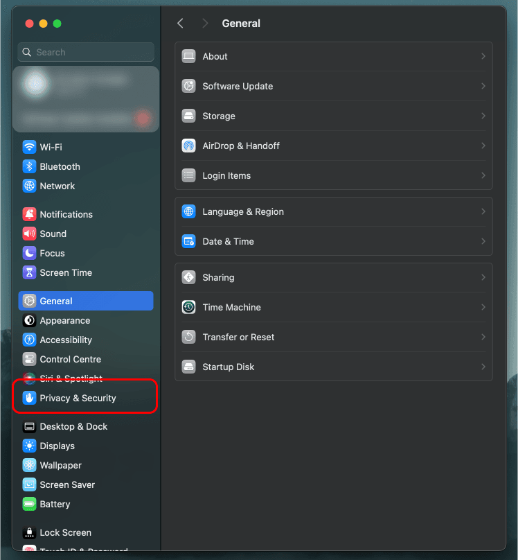Select Privacy & Security in MacOS System Settings