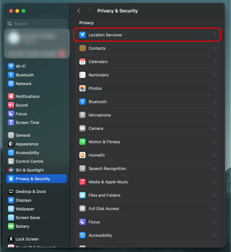 Select Location Services in MacOS System Settings
